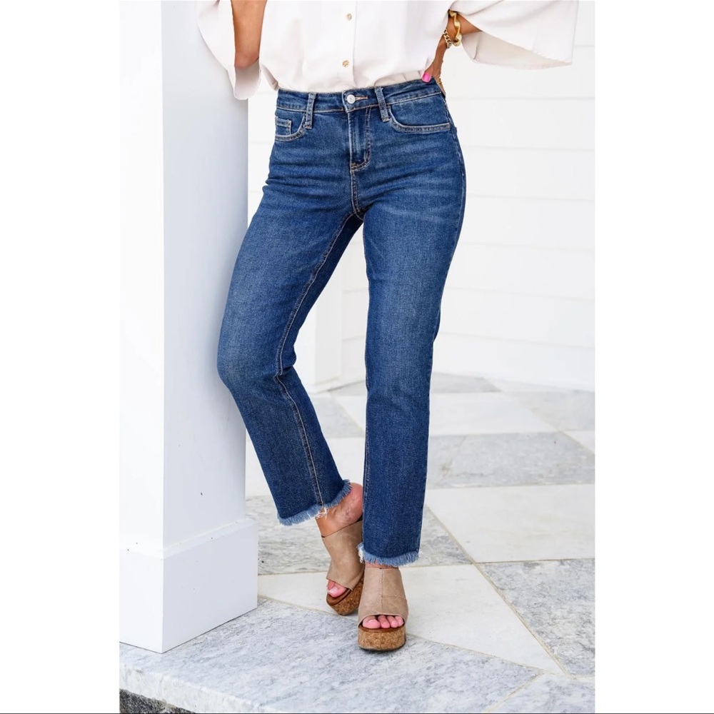 Lovervet High rise, medium wash, cropped, straight leg jeans with frayed hem 16W